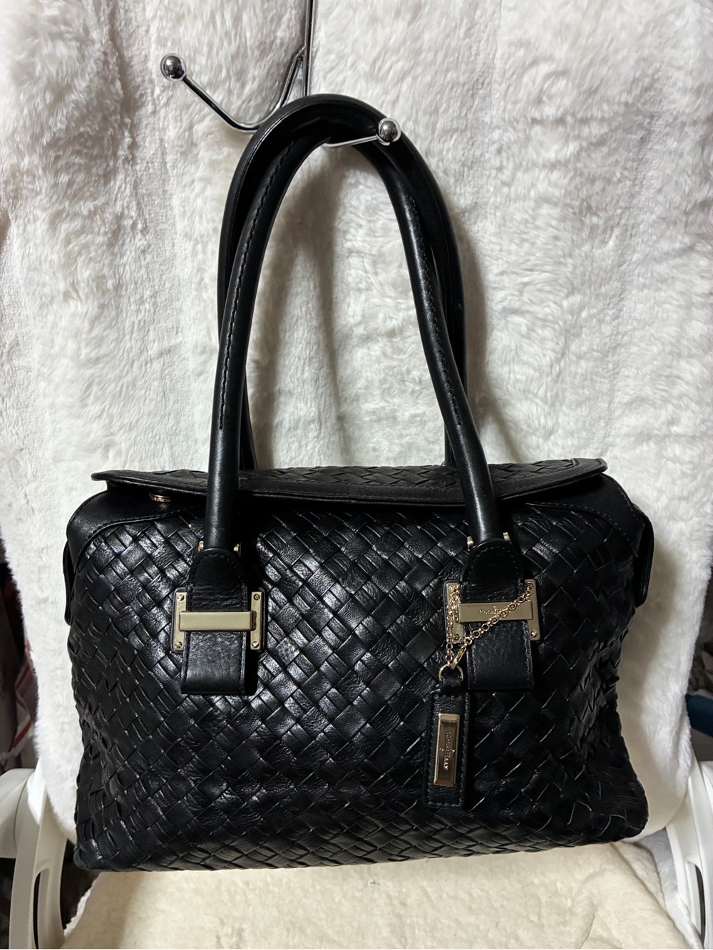 Cole Haan Black Woven Leather Tote with Gold Hardware